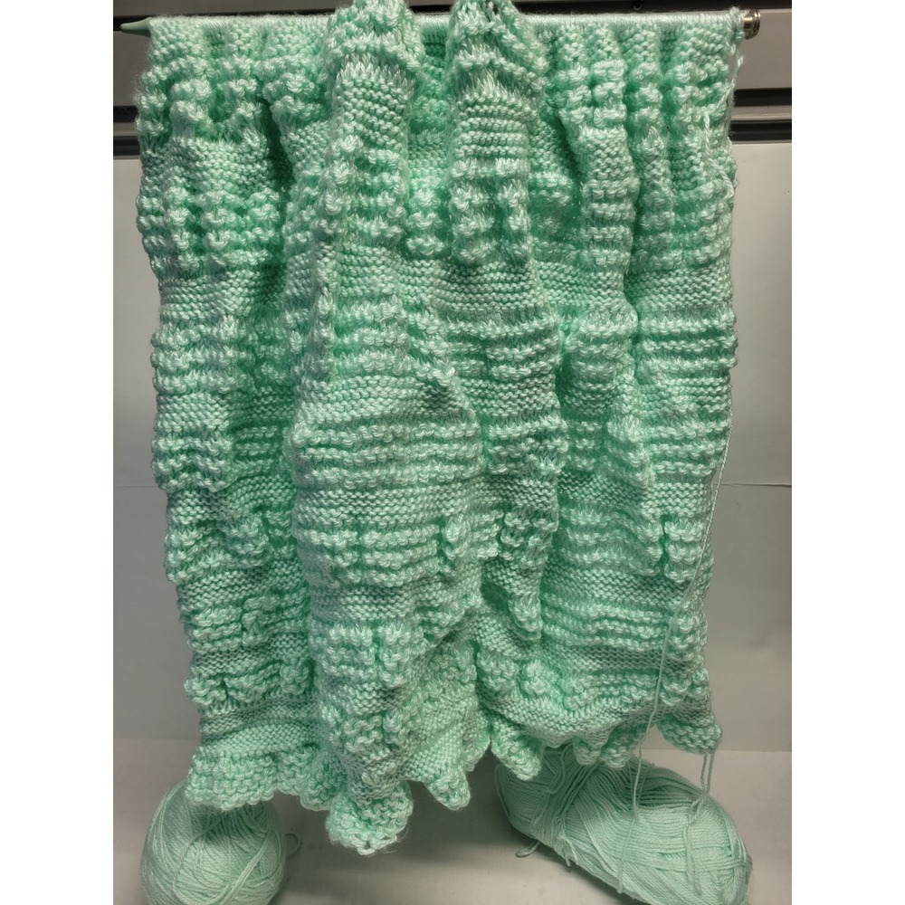 Handmade Mint Green Knit Blanket Project In Progress with Extra Yarn & Needles